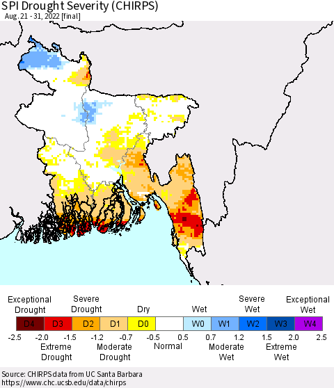 Bangladesh SPI Drought Severity (CHIRPS) Thematic Map For 8/21/2022 - 8/31/2022