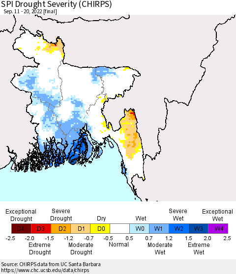 Bangladesh SPI Drought Severity (CHIRPS) Thematic Map For 9/11/2022 - 9/20/2022