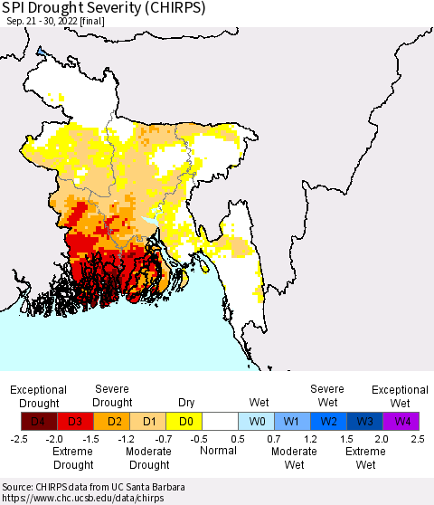 Bangladesh SPI Drought Severity (CHIRPS) Thematic Map For 9/21/2022 - 9/30/2022
