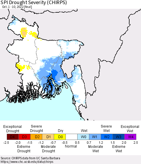 Bangladesh SPI Drought Severity (CHIRPS) Thematic Map For 10/1/2022 - 10/10/2022