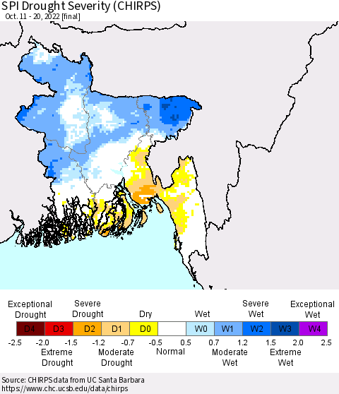 Bangladesh SPI Drought Severity (CHIRPS) Thematic Map For 10/11/2022 - 10/20/2022