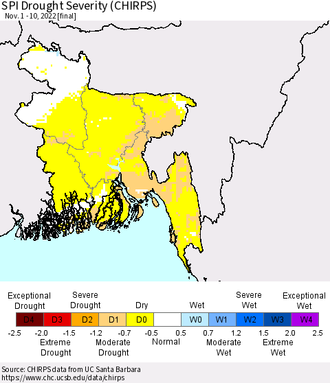 Bangladesh SPI Drought Severity (CHIRPS) Thematic Map For 11/1/2022 - 11/10/2022