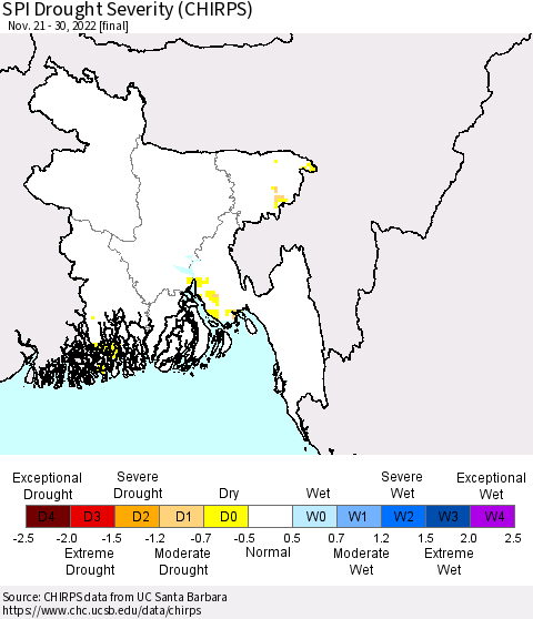 Bangladesh SPI Drought Severity (CHIRPS) Thematic Map For 11/21/2022 - 11/30/2022