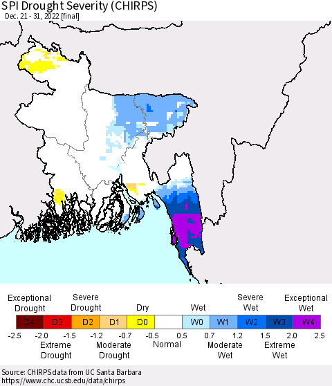 Bangladesh SPI Drought Severity (CHIRPS) Thematic Map For 12/21/2022 - 12/31/2022