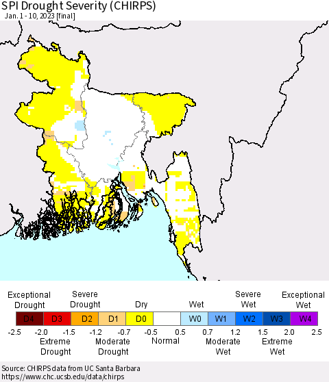 Bangladesh SPI Drought Severity (CHIRPS) Thematic Map For 1/1/2023 - 1/10/2023