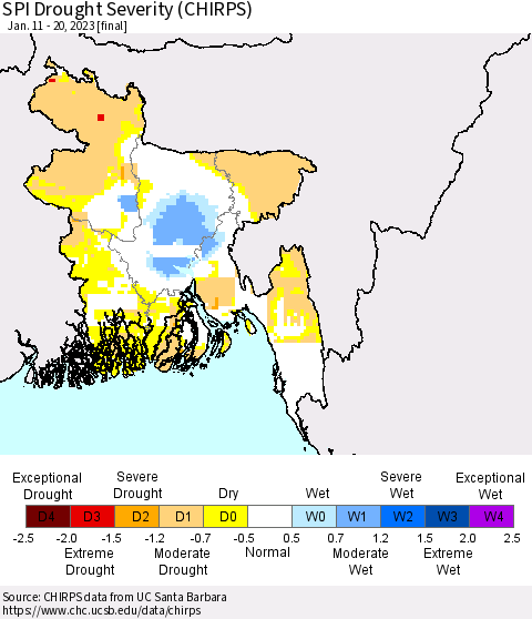 Bangladesh SPI Drought Severity (CHIRPS) Thematic Map For 1/11/2023 - 1/20/2023