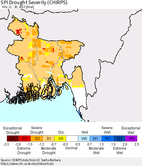 Bangladesh SPI Drought Severity (CHIRPS) Thematic Map For 2/11/2023 - 2/20/2023