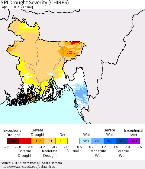 Bangladesh SPI Drought Severity (CHIRPS) Thematic Map For 4/1/2023 - 4/10/2023