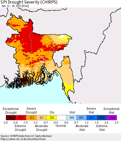 Bangladesh SPI Drought Severity (CHIRPS) Thematic Map For 4/11/2023 - 4/20/2023