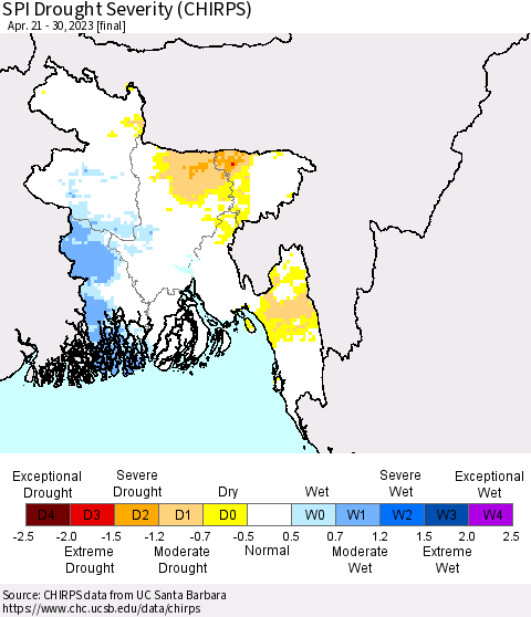 Bangladesh SPI Drought Severity (CHIRPS) Thematic Map For 4/21/2023 - 4/30/2023
