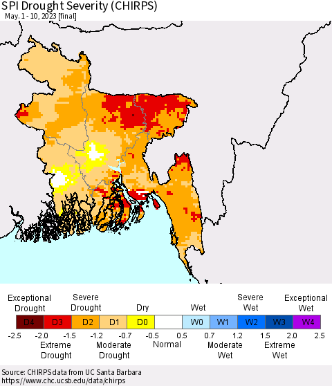Bangladesh SPI Drought Severity (CHIRPS) Thematic Map For 5/1/2023 - 5/10/2023