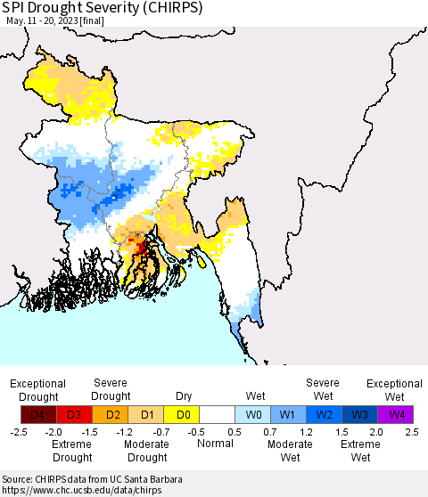 Bangladesh SPI Drought Severity (CHIRPS) Thematic Map For 5/11/2023 - 5/20/2023