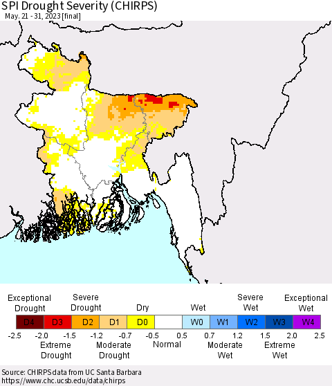 Bangladesh SPI Drought Severity (CHIRPS) Thematic Map For 5/21/2023 - 5/31/2023
