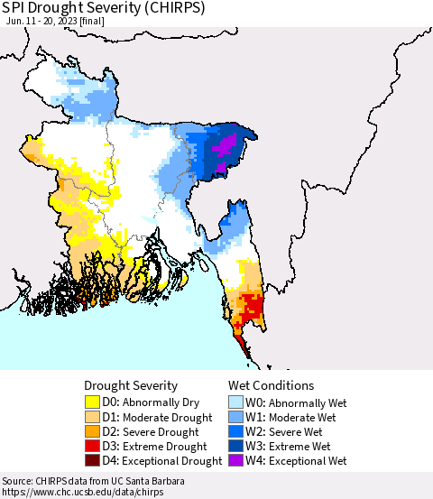 Bangladesh SPI Drought Severity (CHIRPS) Thematic Map For 6/11/2023 - 6/20/2023