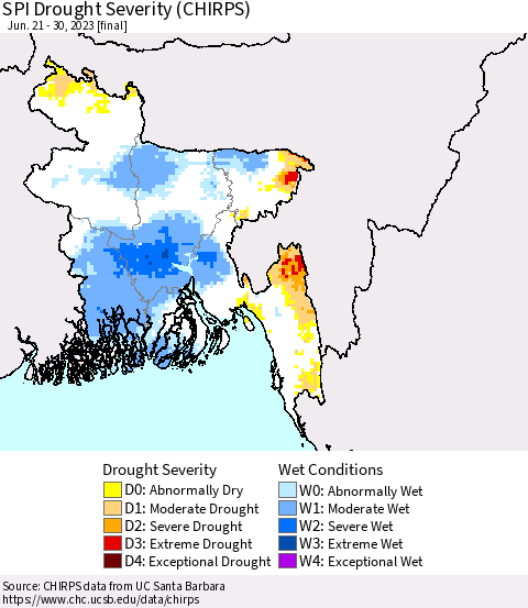 Bangladesh SPI Drought Severity (CHIRPS) Thematic Map For 6/21/2023 - 6/30/2023