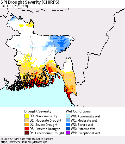 Bangladesh SPI Drought Severity (CHIRPS) Thematic Map For 7/1/2023 - 7/10/2023