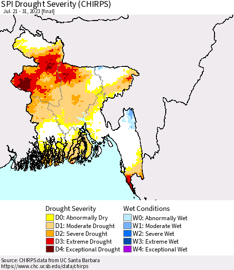 Bangladesh SPI Drought Severity (CHIRPS) Thematic Map For 7/21/2023 - 7/31/2023