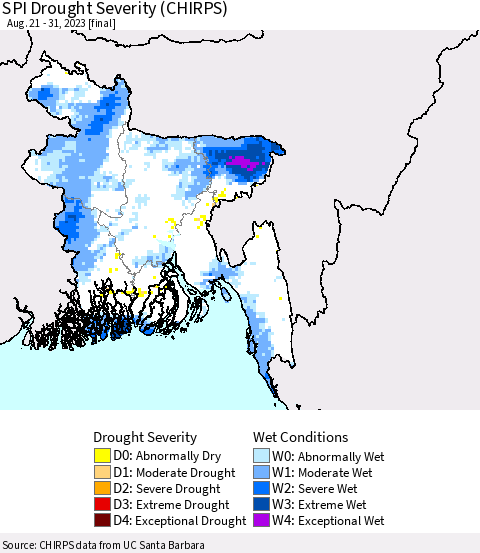Bangladesh SPI Drought Severity (CHIRPS) Thematic Map For 8/21/2023 - 8/31/2023