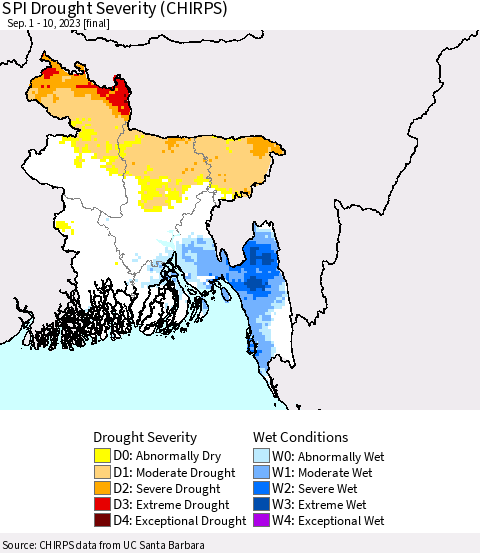 Bangladesh SPI Drought Severity (CHIRPS) Thematic Map For 9/1/2023 - 9/10/2023