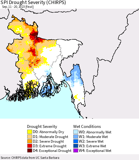 Bangladesh SPI Drought Severity (CHIRPS) Thematic Map For 9/11/2023 - 9/20/2023
