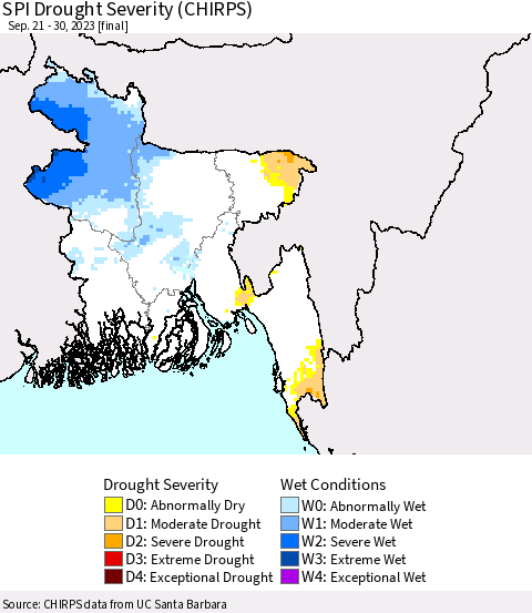 Bangladesh SPI Drought Severity (CHIRPS) Thematic Map For 9/21/2023 - 9/30/2023