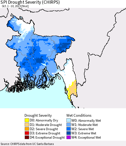Bangladesh SPI Drought Severity (CHIRPS) Thematic Map For 10/1/2023 - 10/10/2023