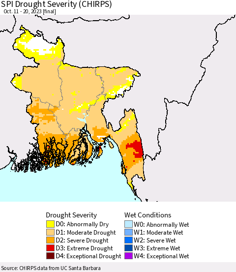 Bangladesh SPI Drought Severity (CHIRPS) Thematic Map For 10/11/2023 - 10/20/2023