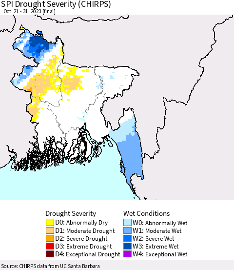 Bangladesh SPI Drought Severity (CHIRPS) Thematic Map For 10/21/2023 - 10/31/2023