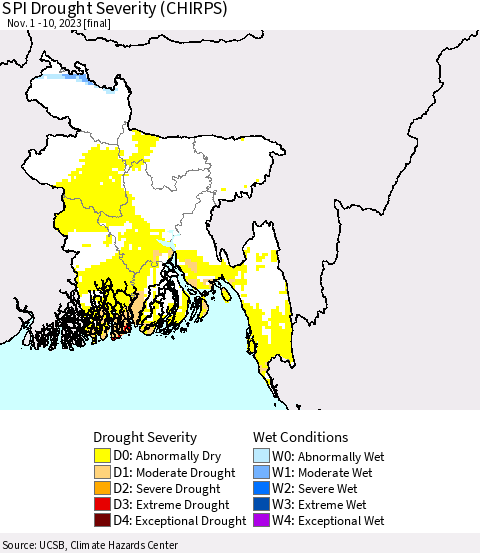 Bangladesh SPI Drought Severity (CHIRPS) Thematic Map For 11/1/2023 - 11/10/2023
