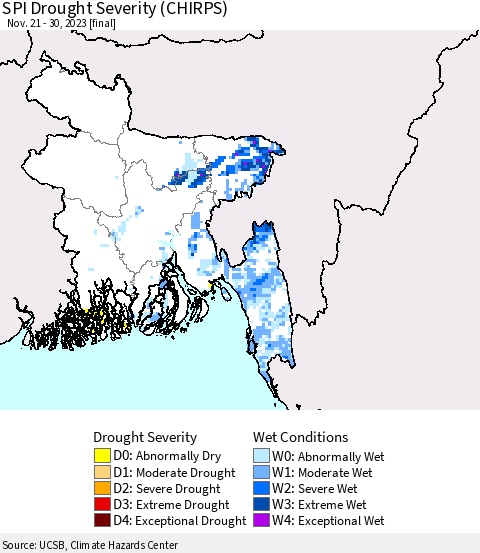 Bangladesh SPI Drought Severity (CHIRPS) Thematic Map For 11/21/2023 - 11/30/2023