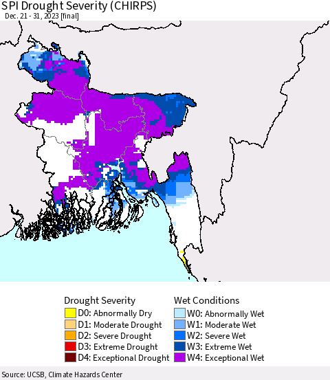 Bangladesh SPI Drought Severity (CHIRPS) Thematic Map For 12/21/2023 - 12/31/2023