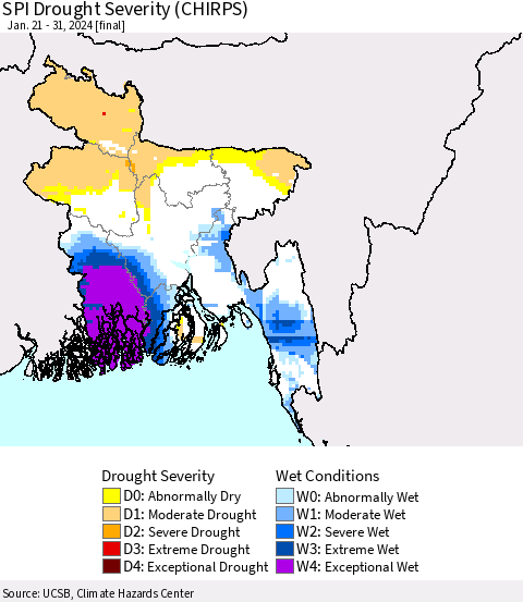 Bangladesh SPI Drought Severity (CHIRPS) Thematic Map For 1/21/2024 - 1/31/2024