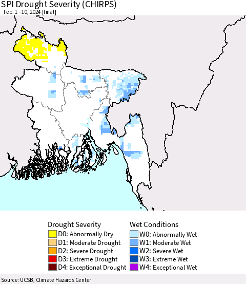 Bangladesh SPI Drought Severity (CHIRPS) Thematic Map For 2/1/2024 - 2/10/2024