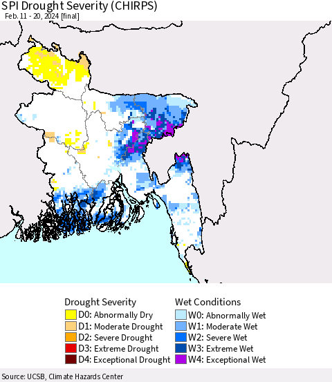 Bangladesh SPI Drought Severity (CHIRPS) Thematic Map For 2/11/2024 - 2/20/2024