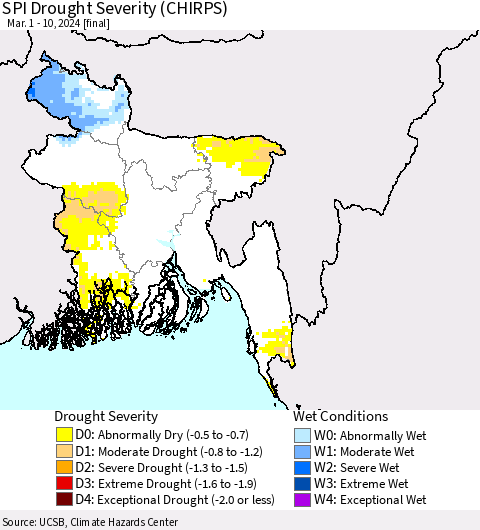 Bangladesh SPI Drought Severity (CHIRPS) Thematic Map For 3/1/2024 - 3/10/2024