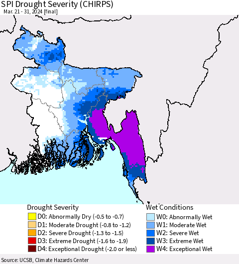 Bangladesh SPI Drought Severity (CHIRPS) Thematic Map For 3/21/2024 - 3/31/2024