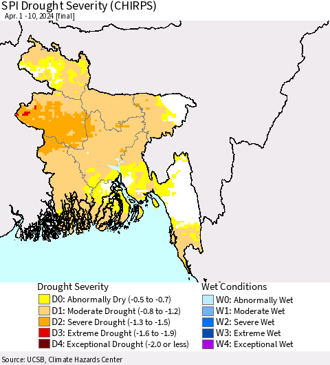 Bangladesh SPI Drought Severity (CHIRPS) Thematic Map For 4/1/2024 - 4/10/2024