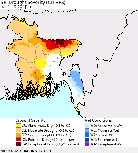 Bangladesh SPI Drought Severity (CHIRPS) Thematic Map For 4/11/2024 - 4/20/2024