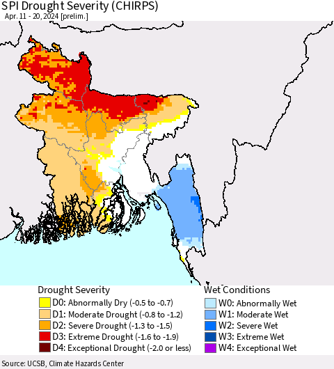 Bangladesh SPI Drought Severity (CHIRPS) Thematic Map For 4/11/2024 - 4/20/2024