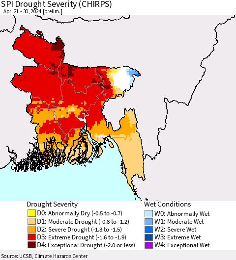 Bangladesh SPI Drought Severity (CHIRPS) Thematic Map For 4/21/2024 - 4/30/2024