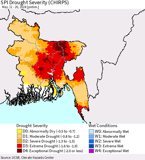 Bangladesh SPI Drought Severity (CHIRPS) Thematic Map For 5/11/2024 - 5/20/2024