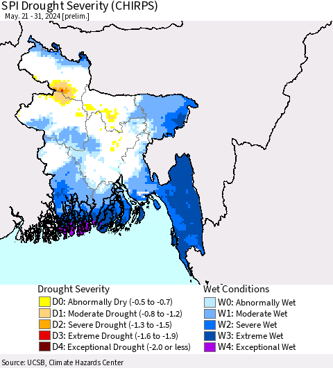 Bangladesh SPI Drought Severity (CHIRPS) Thematic Map For 5/21/2024 - 5/31/2024