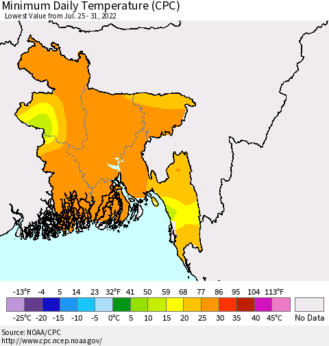 Bangladesh Minimum Daily Temperature (CPC) Thematic Map For 7/25/2022 - 7/31/2022