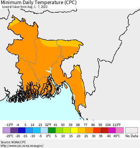 Bangladesh Minimum Daily Temperature (CPC) Thematic Map For 8/1/2022 - 8/7/2022
