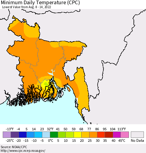 Bangladesh Minimum Daily Temperature (CPC) Thematic Map For 8/8/2022 - 8/14/2022