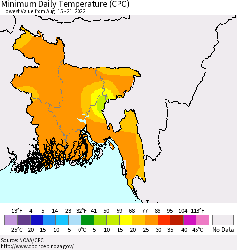 Bangladesh Minimum Daily Temperature (CPC) Thematic Map For 8/15/2022 - 8/21/2022