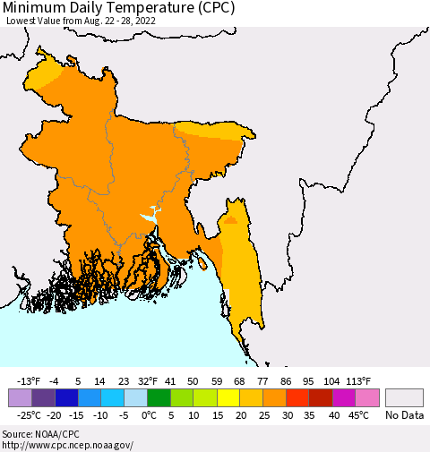 Bangladesh Minimum Daily Temperature (CPC) Thematic Map For 8/22/2022 - 8/28/2022