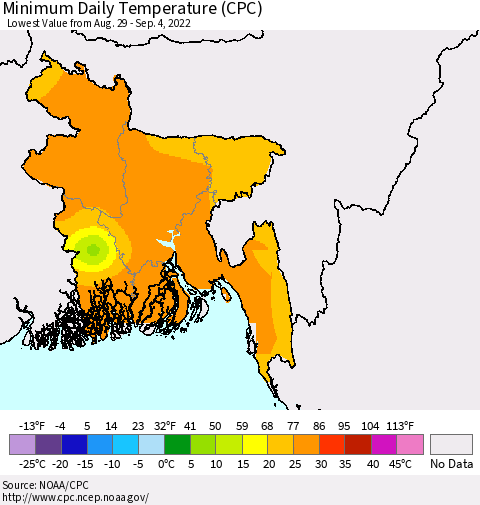 Bangladesh Minimum Daily Temperature (CPC) Thematic Map For 8/29/2022 - 9/4/2022