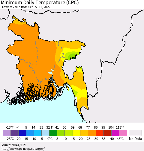 Bangladesh Minimum Daily Temperature (CPC) Thematic Map For 9/5/2022 - 9/11/2022