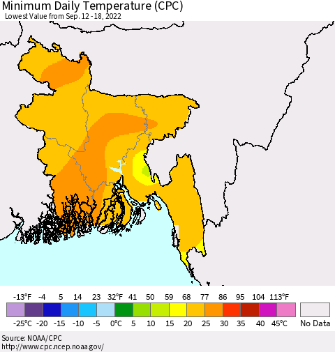 Bangladesh Minimum Daily Temperature (CPC) Thematic Map For 9/12/2022 - 9/18/2022